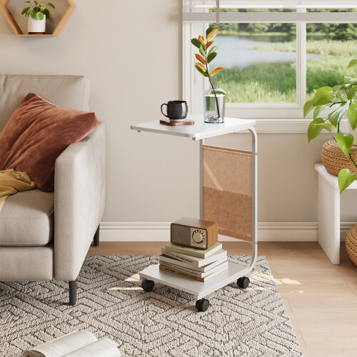 C Shaped Rolling Side Table E1 MDF Top Metal Frame with Wheels & Storage bag, White 1