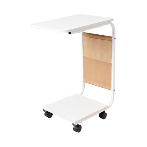 C Shaped Rolling Side Table E1 MDF Top Metal Frame with Wheels & Storage bag, White 2