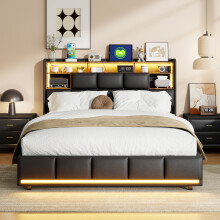 (4ft6 Double, Black PU) Ottoman Bed Frame, LED, Wood Storage Headboard with USB Charging Port