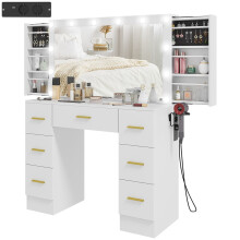 Schminktisch mit Spiegel, 12 LED-Leuchten, 7 Schubladen, Weiß