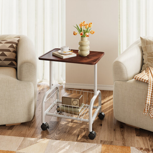 47x35cm Walnut Wood Grain Mobile Side Table with Wire Basket 1