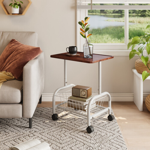 47x35cm Walnut Wood Grain Mobile Side Table with Wire Basket