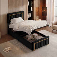 (3ft Single, Black Velvet) Gold Metal Trim Ottoman Bed Frame