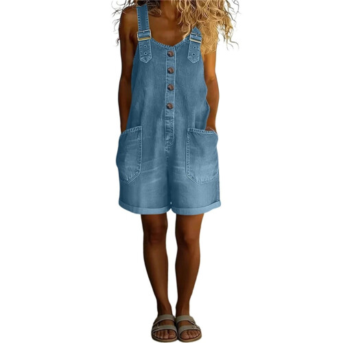 Overall Shorts for Women Button Front Shortalls-Light Blue S