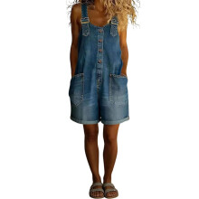 Salopette short pour femme avec boutons sur le devant,-Bleu XL