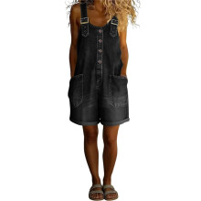 Salopette short pour femme avec boutons sur le devant,-Noir S