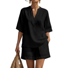 Ensemble deux pièces short en lin pour femmes, vêtements-Noir M