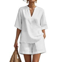 Zweiteiliges Leinen-Shorts-Set für Damen, Urlaub,-Weiß XL