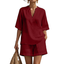 Ensemble deux pièces short en lin pour femmes, vêtements-Rouge L
