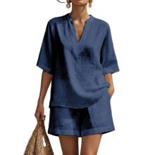Ensemble deux pièces short en lin pour femmes, vêtements-Bleu M