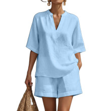 Ensemble deux pièces short en lin pour femmes,-Bleu ciel XL