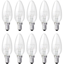 Clear Candle Bulb E14 40W, Dimmable Incandescent Bulb, Warm White 2700K, 400LM, Flame Bulb, 10pcs - Edison Screw Bulbs