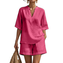Ensemble deux pièces short en lin pour femmes, vêtements-Rose S