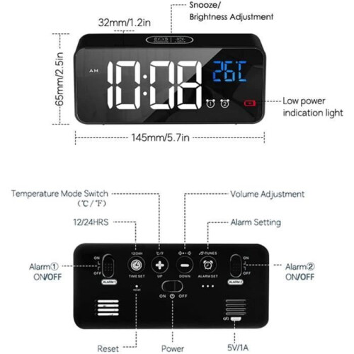 Digitaler Wecker - AISTUO - Schwarze LED - Schlummerfunktion - USB-Ladefunktion - Einstellbare Helligkeit 1