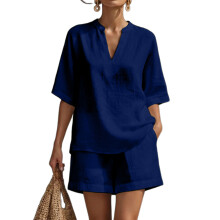 Zweiteiliges Leinen-Shorts-Set für Damen, Urlaub,-Blau L