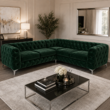 (5 Seater Corner, Green) Luxury Italian Chesterfield Sofa Set Plush Velvet 3 & 2 Seater, 5 Seater Corner Sofa Deep Button Tufted Couch