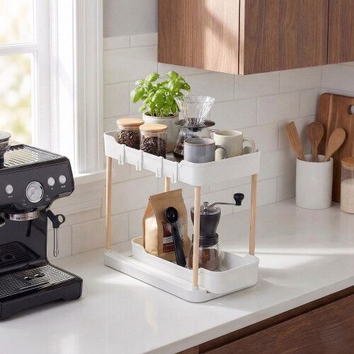 (White) 2 Tier Sliding Rack w/ Hooks Under Sink 1