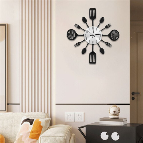 RelóGios de Parede de Cozinha  de 16 Polegadas com Colheres e Garfos, UtensíLios de Mesa 3D, RelóGio de Parede, DecoraçãO de Casa (Preto)