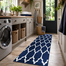 (80 x 300 cm (2 ft 6 in x 9 ft 8 in), Ava Navy Blue) Extra Large Area Rugs Printed Geometric Traditional Carpets Runner Rug & Luxury Floor Door Mats