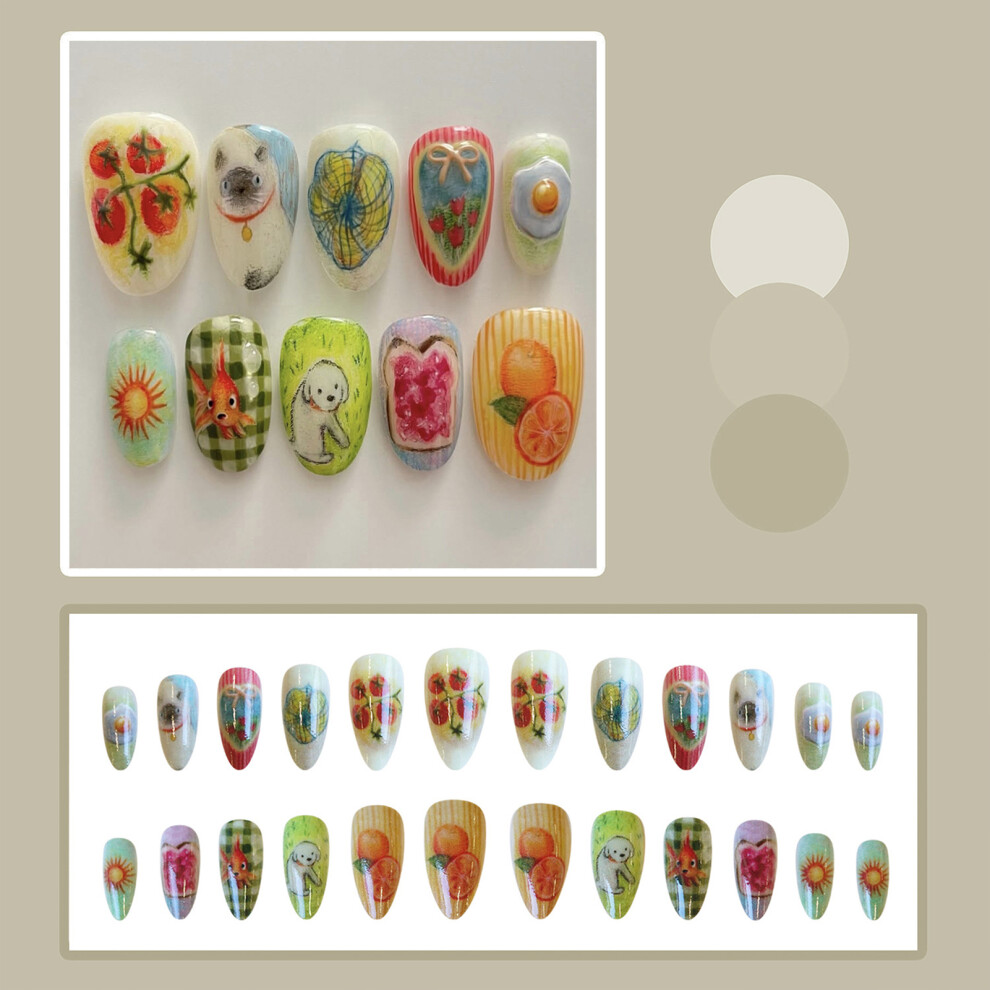 Reach-Tools 24Pcs Fruit Print Almond Fake Nails, Long Lasting