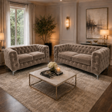 (5 Seater Corner, Mink) Luxury Italian Chesterfield Sofa Set Plush Velvet 3 & 2 Seater, 5 Seater Corner Sofa Deep Button Tufted Couch