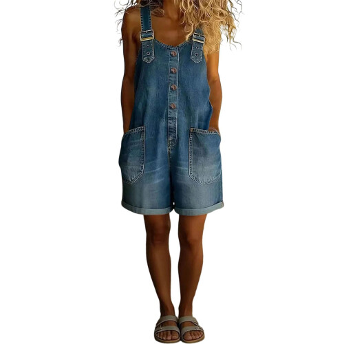 Overall shorts voor dames Button Front Shortalls Loose-Blauwe M