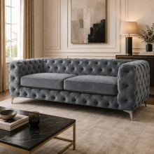 (5 Seater Corner, Grey) Luxury Italian Chesterfield Sofa Set Plush Velvet 3 & 2 Seater, 5 Seater Corner Sofa Deep Button Tufted Couch