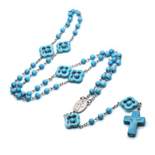Collier chapelet catholique Turquoise, breloque marie, perle
