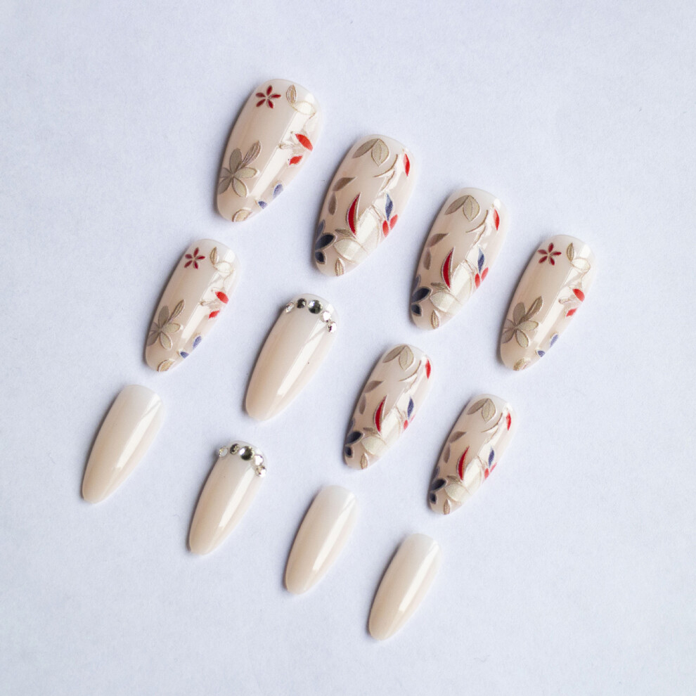 Creation-3C Flower Printed Press-On Nails, Glossy & Natural Look