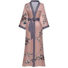Albornoz tipo kimono de seda largo para mujer, satén floral, ligero, suave y cómodo, bata de baño para mujer, color ros