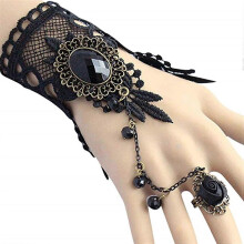 Gothic-Blumenspitze-Steampunk-Armband, Vintage-Perlen-Fingerlose Handschuhe und Brautarmband-Ring-Set