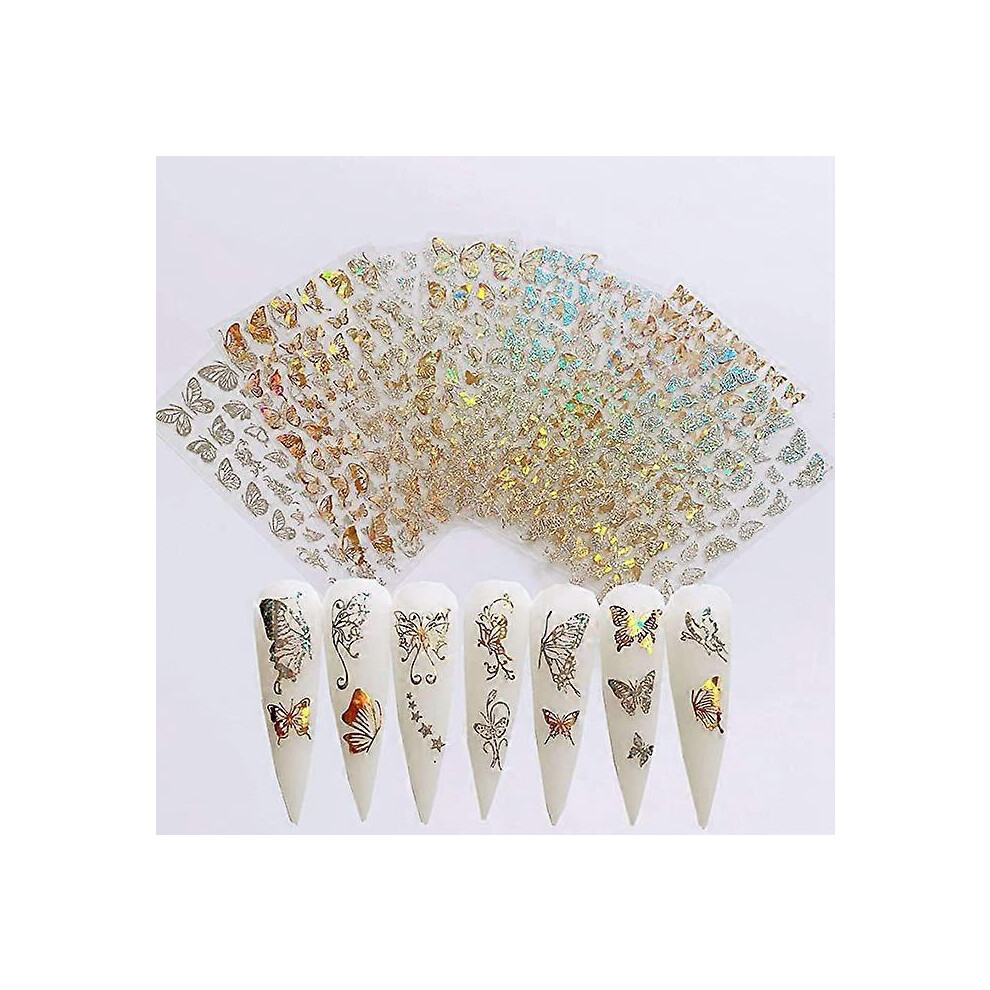 Butterfly Nail Art Stickers, Laser 3D Gold and Silver Butterfly Decals, Self-Adhesive Nail Foil Sheets for Manicure Deco