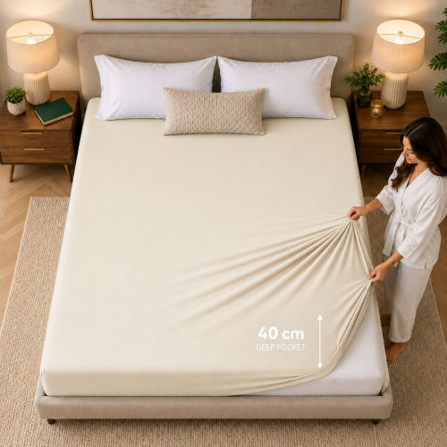 (Cream, Single) Extra Deep 40cm Fitted Bed Sheets Poly Cotton Single Double King Size