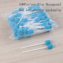 (Blue, Hexagonal) Disposable Oral Sponge Swabs, 100 Pack, Sterile Irradiation, Plastic Stick, for Oral Cleaning and Care