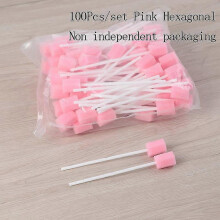 (Pink, Hexagonal) Disposable Oral Sponge Swabs, 100 Pack, Sterile Irradiation, Plastic Stick, for Oral Cleaning and Care