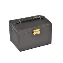(Grey) Portable Jewelry Storage Box, 3 Layers, with Flat HD Explosion-proof Mirror, Detachable Baffle, PU Leather, 18*13.3*13CM, 0.6KG