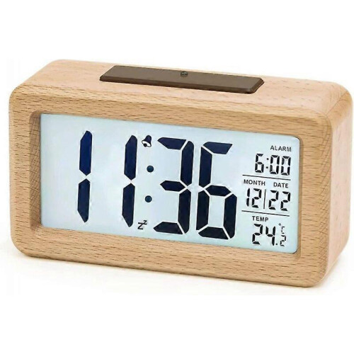 Digital Alarm Clock, Beech Wood with Temperature-Sensitive Dimming, Silent Operation, Bedroom Clock