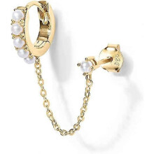 Kettenohrringe aus 14-karätigem Gold für Doppelpiercing, baumelnder Creolen mit Zirkonia und Perlenstecker