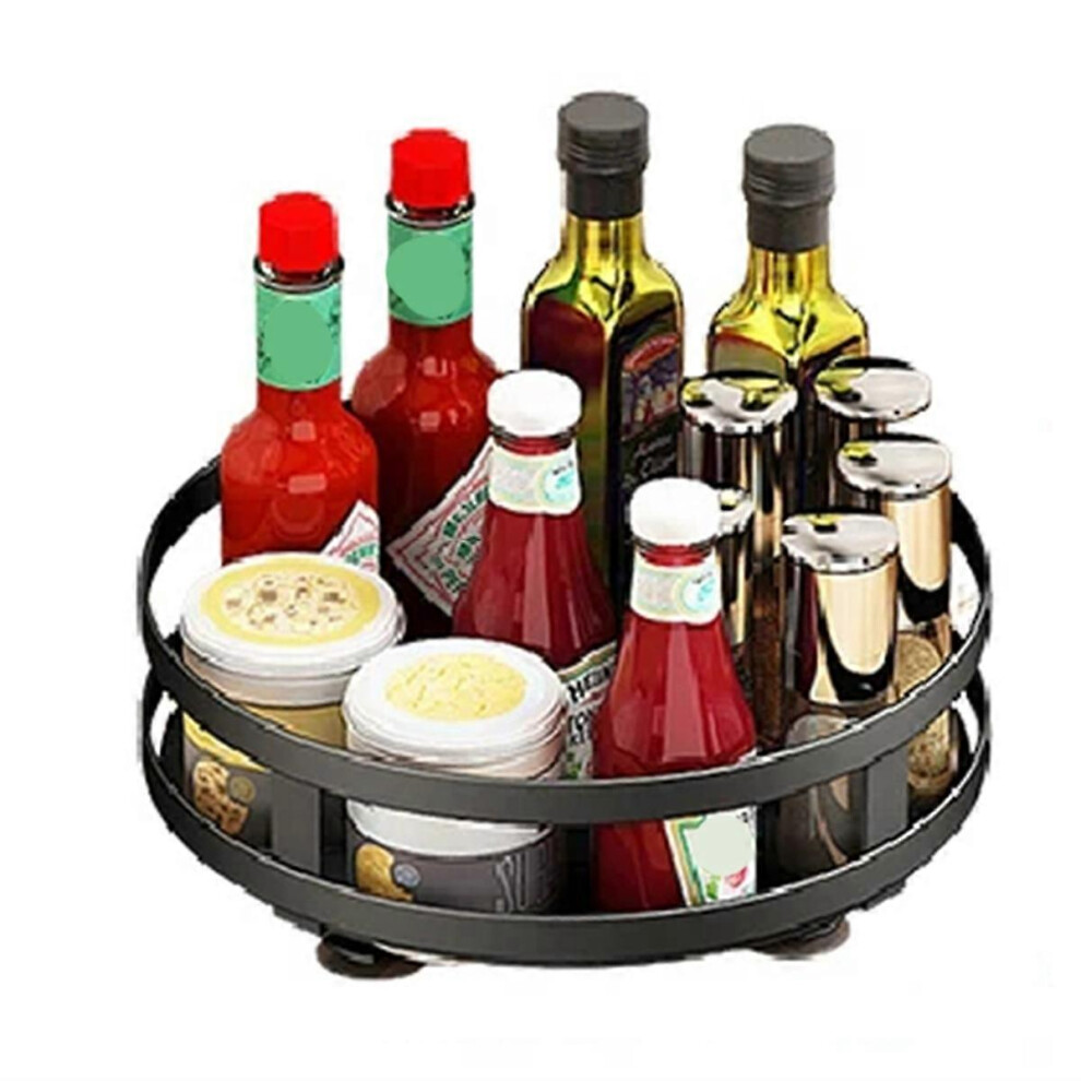 (Black, A) 360-Degree Rotating Spice Rack, Black Carbon Steel Adjustable Height Storage Tray for Cabinet Countertop Pantry Dining Table