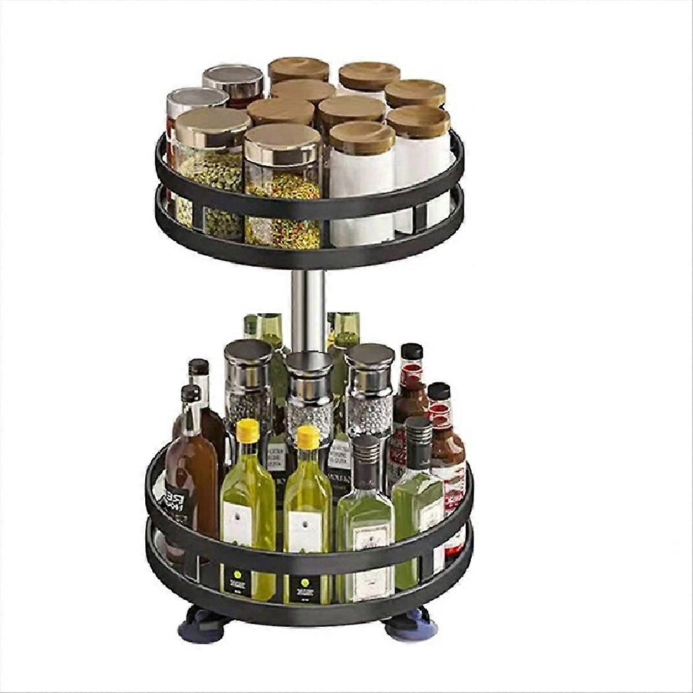 (Black, B) 360-Degree Rotating Spice Rack, Black Carbon Steel Adjustable Height Storage Tray for Cabinet Countertop Pantry Dining Table