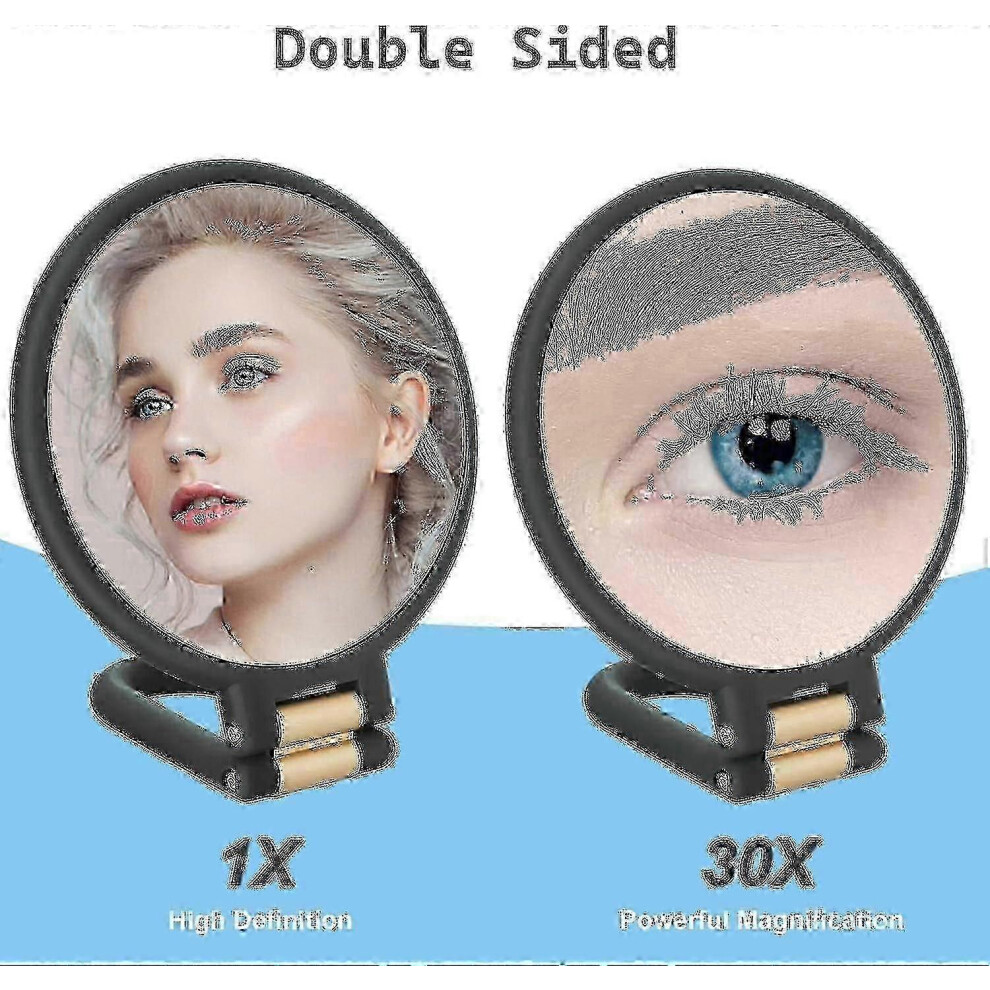 (Black) 30x Magnifying Travel Hand Mirror Double Side 1x 30x Handheld Mirror