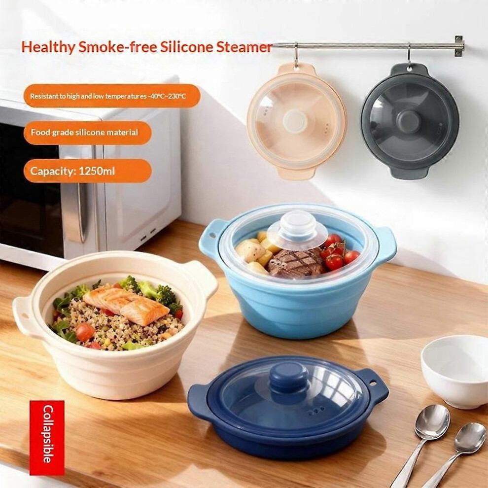 (LightBlue) 1250ml Collapsible Silicone Steamer Pot with Lid for Microwave, Air Fryer, Food Storage