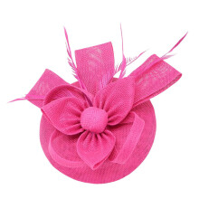 (Rose Red) Adjustable Pillbox Hat Detachable Veils Imitation Linen 55-60cm for Bridal Church Wedding Party Occasion