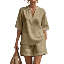 Zweiteiliges Leinen-Shorts-Set für Damen, Urlaub,-Khaki XXL