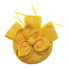 (Yellow) Adjustable Pillbox Hat Detachable Veils Imitation Linen 55-60cm for Bridal Church Wedding Party Occasion