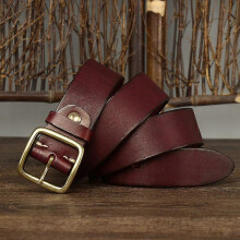 (Red brown, 125cm) Cinturón de hombre de piel de vacuno maciza vintage de 3,8 cm de ancho con hebilla de cobre para vaqueros.