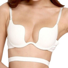 (White, 32A) Biustonosz damski push-up, głęboki dekolt w kształcie U, rozkładany, nylon-spandex, do sukien z głębokim dekoltem