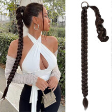 (Natural Black) Gevlochten paardenstaart extension, 86 cm, steile blonde, omwikkelbare synthetische hittebestendige vezel