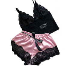 (Pink, M) Women's Pajama Sets, V Neck Floral Lace Cami Crop Top and Satin Shorts 2 Piece Sleepwear, Spandex Lace Blend, Multiple Sizes and Colors