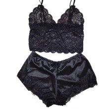 (Black, XXXL) Women's Pajama Sets, V Neck Floral Lace Cami Crop Top and Satin Shorts 2 Piece Sleepwear, Spandex Lace Blend, Multiple Sizes and Colors